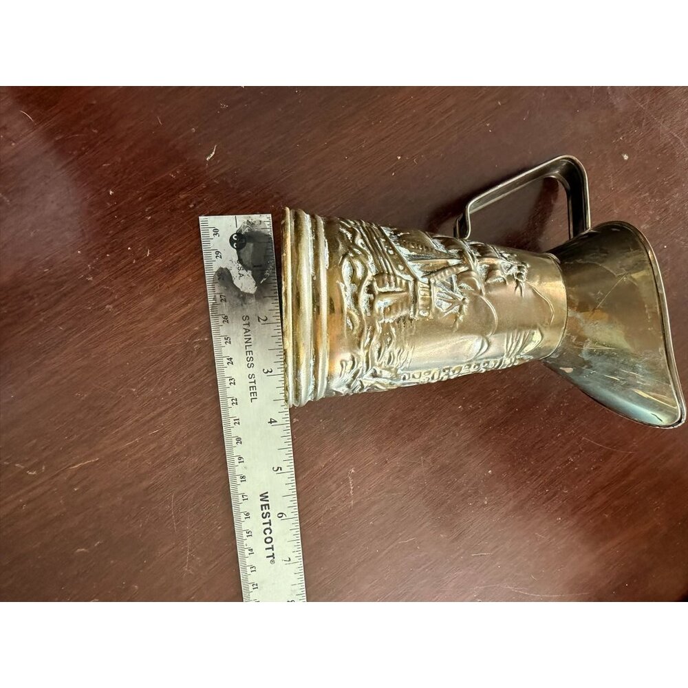 Vintage Brass Embossed Funnel Mug With Handle Farm Scene Design 5" Tall Rustic D